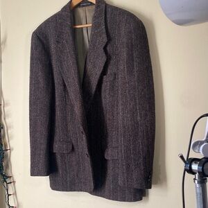 Grey Herringbone Blazer for Men orange red green stripes Harris Tweed Wool